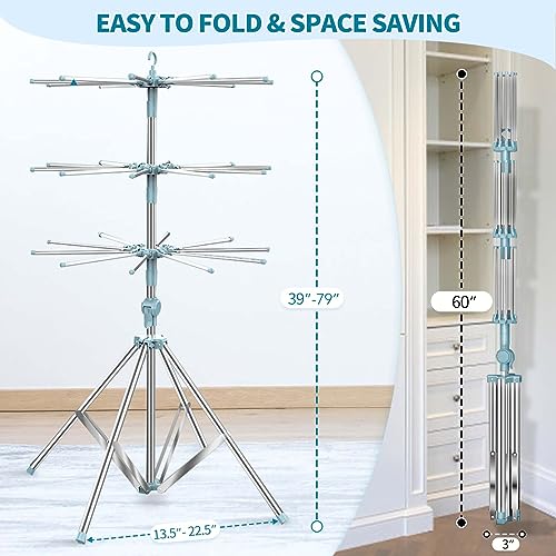 JAUREE Clothes Drying Rack Folding Indoor, Foldable Towel Drying Rack, Portable Drying Rack Clothing and Height-Adjustable, Space Saving Laundry Drying Rack, with 20 Clips
