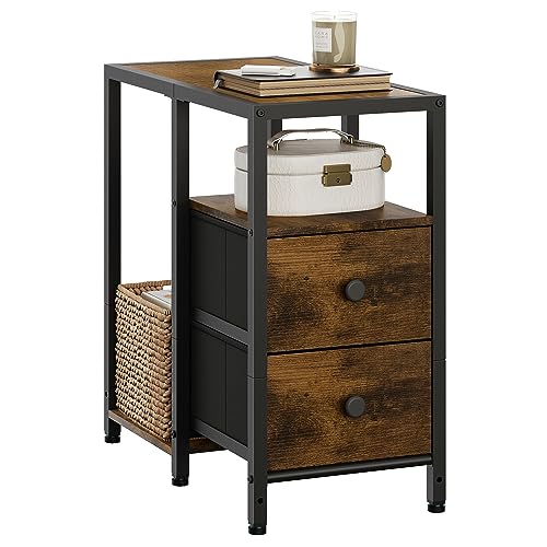 Hoctieon Nightstand with Fabric 2 Drawers, Night Stands for Bedrooms, Side Table with Drawer, Farmhouse Nightstands, End Table with Storage, Easy Assembly, Rustic Brown