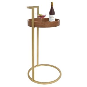 ritesune small gold round c table with handle, 28'' tall side table slide under couch with brown wood top for coffee and snack drink tray
