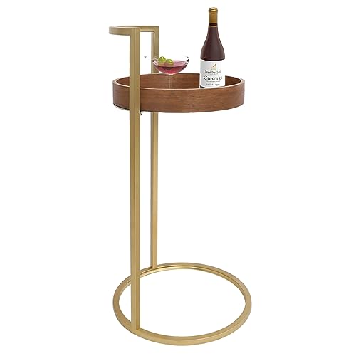 RiteSune Small Gold Round C Table with Handle, 28'' Tall Side Table Slide Under Couch with Brown Wood Top for Coffee and Snack Drink Tray