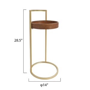 RiteSune Small Gold Round C Table with Handle, 28'' Tall Side Table Slide Under Couch with Brown Wood Top for Coffee and Snack Drink Tray