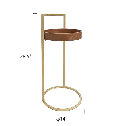 RiteSune Small Gold Round C Table with Handle, 28'' Tall Side Table Slide Under Couch with Brown Wood Top for Coffee and Snack Drink Tray