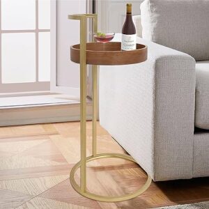 RiteSune Small Gold Round C Table with Handle, 28'' Tall Side Table Slide Under Couch with Brown Wood Top for Coffee and Snack Drink Tray