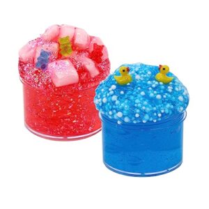 2 packs jelly cube crunchy slime kit for girls with duck and bear(pink and blue),non sticky and super soft sludge toy,diy crystal glue boba slime party favor for boys,birthday gifts for kids.