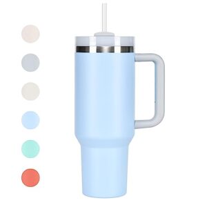 40oz tumbler with handle, straw, lid, stainless steel vacuum insulated water bottle adventure travel mug quencher for iced coffee, hot or cold tea and beverage, sky blue