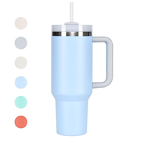 40oz Tumbler with Handle, Straw, Lid, Stainless Steel Vacuum Insulated Water Bottle Adventure Travel Mug Quencher for Iced Coffee, Hot or Cold Tea and Beverage, Sky Blue