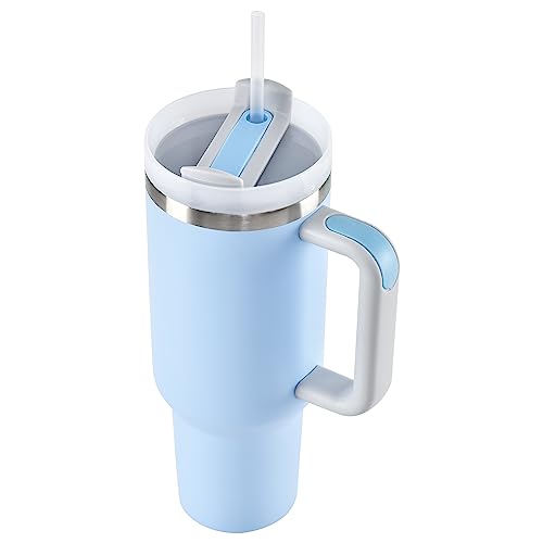 40oz Tumbler with Handle, Straw, Lid, Stainless Steel Vacuum Insulated Water Bottle Adventure Travel Mug Quencher for Iced Coffee, Hot or Cold Tea and Beverage, Sky Blue