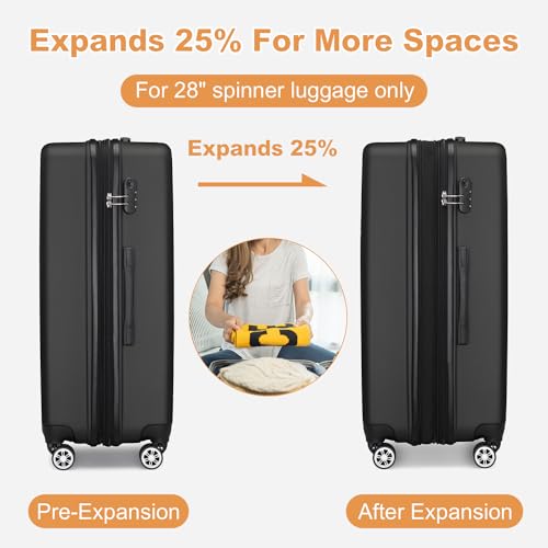 Kono Luggage Expandable(only 28") Suitcase Set 3Pcs + ABS Hardshell Suitcase with 360° Spinner Wheels, 19" 24" 28" Black