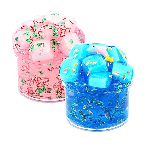 2 Packs Pink and Blue Crunchy Slime Kit for Girls,Non Sticky and Super Soft Sludge Jelly Cube Slime Toy,DIY Crystal Glue Boba Slime Party Favor for Boys,Birthday Gifts for Kids.