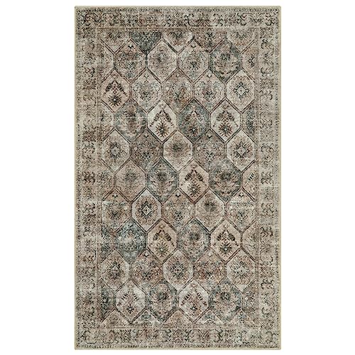 Lahome Entryway Rugs Indoor Small 3x5 Area Rug, Bathroom Rugs Non Slip Washable, Geometric Tribal Non Skid Throw Rugs with Rubber Backing for Bedroom Kitchen Living Room Front Door, Antique/Moss