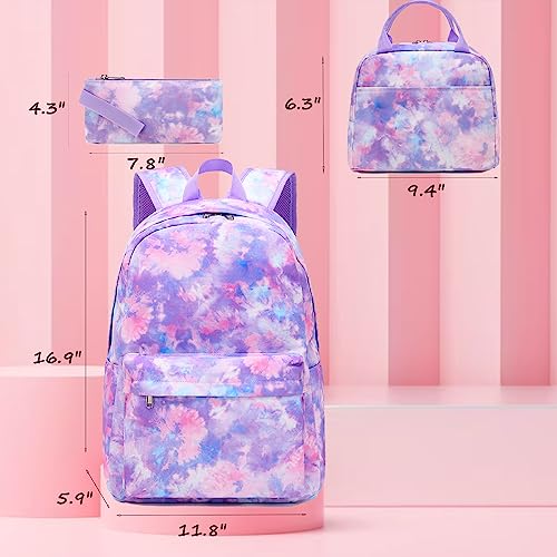 Jumpopack Backpack for Girls School Backpack for Girls Backpack for Elementary Middle School Bag for Kids Bookbag Teen Girls Backpack with Lunch Box (Tie Dye Purple)