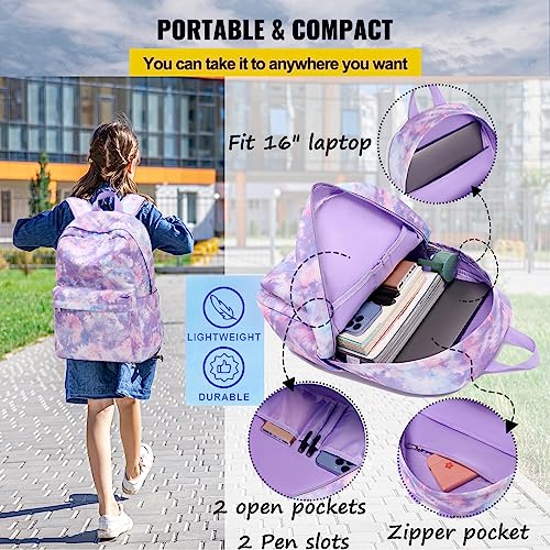 Jumpopack Backpack for Girls School Backpack for Girls Backpack for Elementary Middle School Bag for Kids Bookbag Teen Girls Backpack with Lunch Box (Tie Dye Purple)