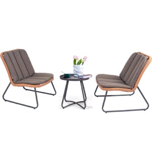 3PCS Patio Conversation Set Rattan Patio Furniture Set Adjustable Feet L-shaped Wicker Furniture Set with Portable Table Outdoor Patio Bistro Set Soft Cushions Detachable Balcony Backyard Deck