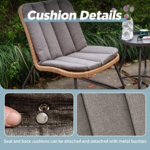 3PCS Patio Conversation Set Rattan Patio Furniture Set Adjustable Feet L-shaped Wicker Furniture Set with Portable Table Outdoor Patio Bistro Set Soft Cushions Detachable Balcony Backyard Deck