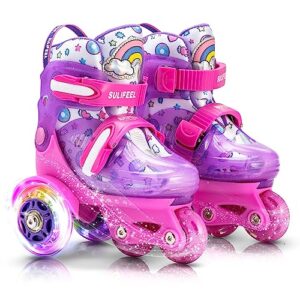 sulifeel adjustable roller skates for girls boys kids,fun illuminating light up flash wheels three-point type balance suitable for beginners indoor roller skating purple & pink size x-small