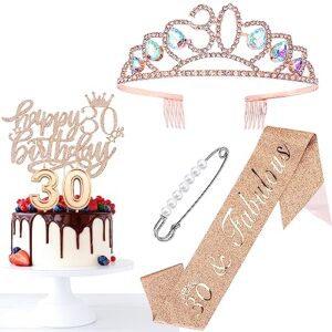30th birthday decorations for girls, rose gold sweet rhinestone tiara crown, happy birthday cake toppers, birthday queen sash with pearl pin, number candles