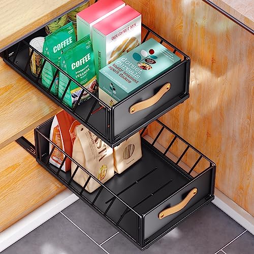 Pull out Cabinet Organizer Fixed with Adhesive Nano Film,Heavy Duty Slide out Pantry Shelves Drawer Storage,Sliding Mesh Cabinet Basket with Handle for Kitchen, Bathroom,Home, 11.8"W X15.7"DX6.2"H