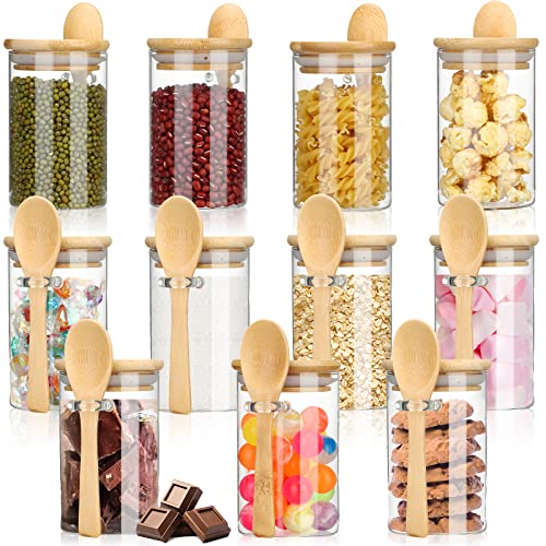 Roshtia 12 Sets Glass Jars with Bamboo Lids and Spoons Airtight Glass Jars Containers Borosilicate Glass Canisters Food Storage Canister for Hot Chocolate Bars Coffee Oats Spices Marshmallows (10 oz)