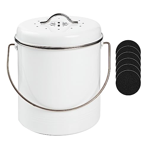 Metal Compost Bin for Kitchen, Compost Pail Indoor Kitchen Sealed with Lid, Countertop Composter Food Scarp Container, White, 1.4 Gallon