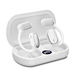 open ear headphones wireless bluetooth earbuds, air conduction earbuds with built-in mic,up to 30 hours playtime with digital display charging case,waterproof earphones for android & iphone - white