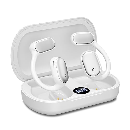 Open Ear Headphones Wireless Bluetooth Earbuds, Air Conduction Earbuds with Built-in Mic,Up to 30 Hours Playtime with Digital Display Charging Case,Waterproof Earphones for Android & iPhone - White