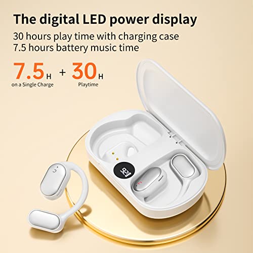 Open Ear Headphones Wireless Bluetooth Earbuds, Air Conduction Earbuds with Built-in Mic,Up to 30 Hours Playtime with Digital Display Charging Case,Waterproof Earphones for Android & iPhone - White
