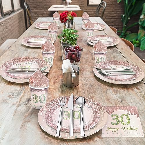 algpty 30th Birthday Decorations Plates Set Rose Gold | Service for 20 | 30th Birthday Party Supplies Rose Gold with Plates, Cups, Napkins, Tablecloth | 30th Birthday Supplies Tableware for Women