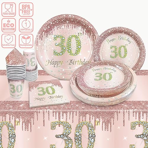 algpty 30th Birthday Decorations Plates Set Rose Gold | Service for 20 | 30th Birthday Party Supplies Rose Gold with Plates, Cups, Napkins, Tablecloth | 30th Birthday Supplies Tableware for Women