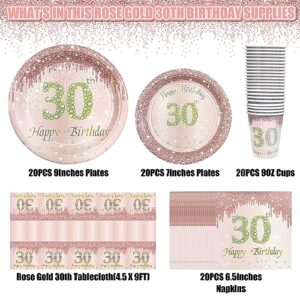 algpty 30th Birthday Decorations Plates Set Rose Gold | Service for 20 | 30th Birthday Party Supplies Rose Gold with Plates, Cups, Napkins, Tablecloth | 30th Birthday Supplies Tableware for Women