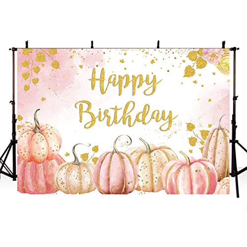 MEHOFOND Pumpkin Birthday Party Decorations Backdrop Gold Pink Pumpkin Girl Birthday Party Decor Supplies Photography Background Banner Dessert Table Photo Booth Studio 10x7ft