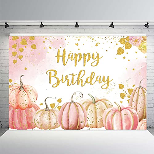 MEHOFOND Pumpkin Birthday Party Decorations Backdrop Gold Pink Pumpkin Girl Birthday Party Decor Supplies Photography Background Banner Dessert Table Photo Booth Studio 10x7ft