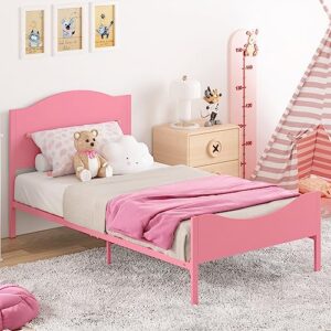timy pink kids twin bed frame with wooden headboard and footboard, metal platform bed frame for boys girls teens adults, modern kids bed furniture, no box spring needed