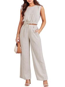 anrabess 2 piece outfits for women summer vacation beach sleeveless linen crop tank top casual matching lounge sets comfy tracksuits long pants jumpsuits 2023 fashion clothes a1102maxing-l