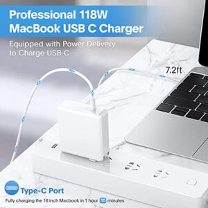 Mac Book Pro Charger - 118W USB C Fast Charger Power Adapter for USB C Port MacBook Pro/MacBook Air 16 15 14 13 Inch, New iPad Pro and All USB C Device, Include Charge Cable（7.2ft/2.2m），White