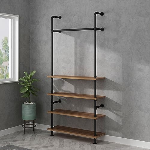 LANJIN Industrial Pipe Clothing Rack,Clothes Rack for Wardrobe, Bedroom and As Walk-in Closet System.Sturdy Clothing Racks for Hanging Clothes,Wall Mounted Heavy Duty Clothes Rack,Black C