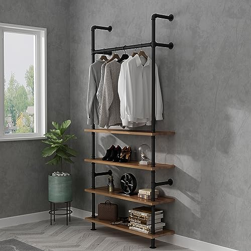 LANJIN Industrial Pipe Clothing Rack,Clothes Rack for Wardrobe, Bedroom and As Walk-in Closet System.Sturdy Clothing Racks for Hanging Clothes,Wall Mounted Heavy Duty Clothes Rack,Black C