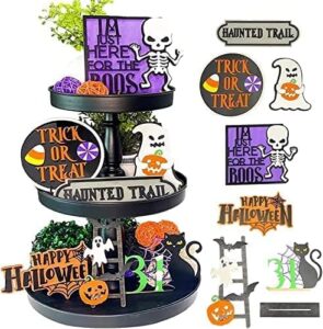 7pcs halloween tiered tray decor set, farmhouse rustic wooden home coffee bar mini signs for halloween decors, small pumpkin ghost tiered tray stand vintage items bulk