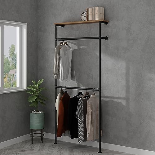 LANJIN Industrial Pipe Clothing Rack,Clothes Rack for Wardrobe, Bedroom and As Walk-in Closet System.Sturdy Clothing Racks for Hanging Clothes,Wall Mounted Heavy Duty Clothes Rack,Black A