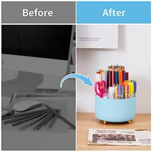 Marbrasse Desk Organizer, 360-Degree Rotating Pen Holder for Desk, Desk Organizers and Accessories with 5 Compartments Pencil Organizer, Art Supply Storage Box Caddy for Office, Home （Light Blue）