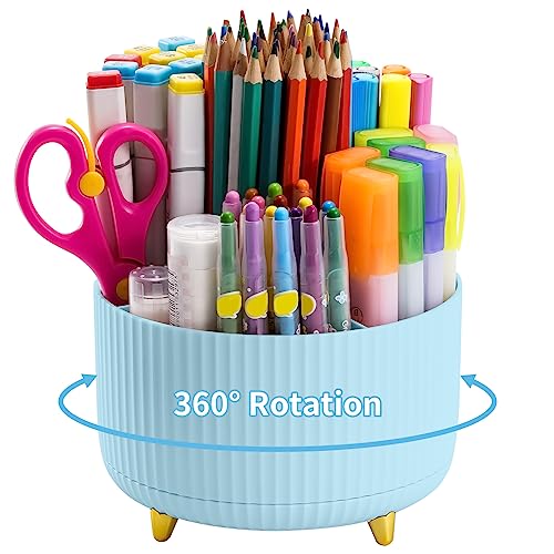 Marbrasse Desk Organizer, 360-Degree Rotating Pen Holder for Desk, Desk Organizers and Accessories with 5 Compartments Pencil Organizer, Art Supply Storage Box Caddy for Office, Home （Light Blue）