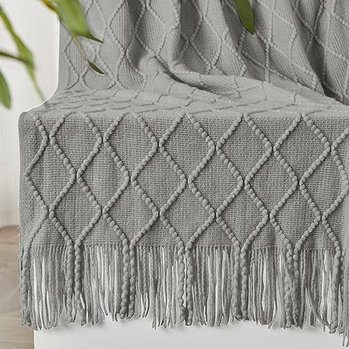 inhand Knitted Throw Blankets for Couch and Bed, Soft Cozy Knit Blanket with Tassel, Light Grey Lightweight Decorative Blankets and Throws, Farmhouse Warm Woven Blanket for Men and Women, 60"x80"