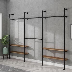 LANJIN Industrial Pipe Clothing Rack,Clothes Rack for Wardrobe, Bedroom and As Walk-in Closet System.Sturdy Clothing Racks for Hanging Clothes,Wall Mounted Heavy Duty Clothes Rack,Black F