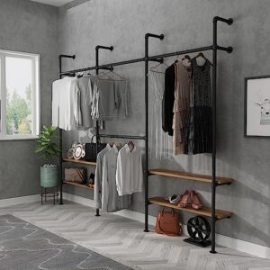 LANJIN Industrial Pipe Clothing Rack,Clothes Rack for Wardrobe, Bedroom and As Walk-in Closet System.Sturdy Clothing Racks for Hanging Clothes,Wall Mounted Heavy Duty Clothes Rack,Black F