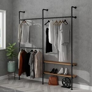 LANJIN Industrial Pipe Clothing Rack,Clothes Rack for Wardrobe, Bedroom and As Walk-in Closet System.Sturdy Clothing Racks for Hanging Clothes,Wall Mounted Heavy Duty Clothes Rack,Black D