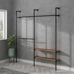 LANJIN Industrial Pipe Clothing Rack,Clothes Rack for Wardrobe, Bedroom and As Walk-in Closet System.Sturdy Clothing Racks for Hanging Clothes,Wall Mounted Heavy Duty Clothes Rack,Black D