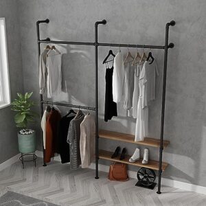 LANJIN Industrial Pipe Clothing Rack,Clothes Rack for Wardrobe, Bedroom and As Walk-in Closet System.Sturdy Clothing Racks for Hanging Clothes,Wall Mounted Heavy Duty Clothes Rack,Black D