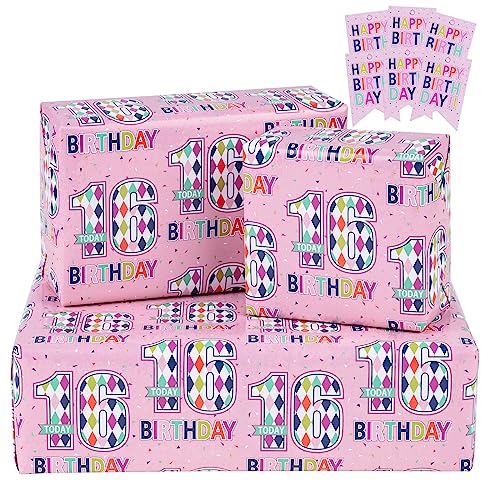 RUSPEPA Birthday Wrapping Paper Sheets with Gift Tags for Teenager Girls' Birthday Gift Wrap, 6 Fold on Sheets Each Set, 27 inches x 19 inches, Age 16