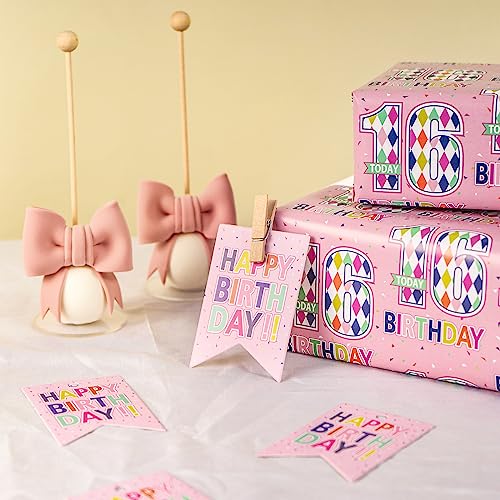 RUSPEPA Birthday Wrapping Paper Sheets with Gift Tags for Teenager Girls' Birthday Gift Wrap, 6 Fold on Sheets Each Set, 27 inches x 19 inches, Age 16