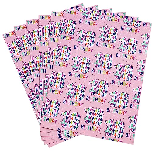 RUSPEPA Birthday Wrapping Paper Sheets with Gift Tags for Teenager Girls' Birthday Gift Wrap, 6 Fold on Sheets Each Set, 27 inches x 19 inches, Age 16