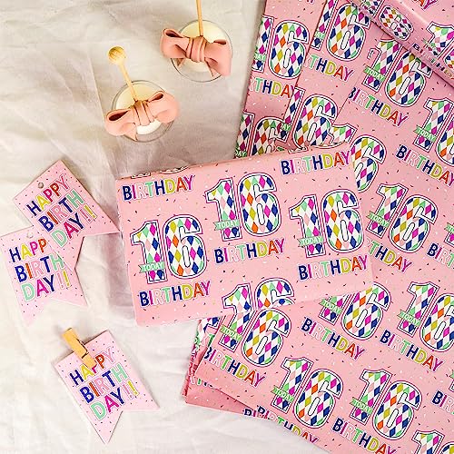 RUSPEPA Birthday Wrapping Paper Sheets with Gift Tags for Teenager Girls' Birthday Gift Wrap, 6 Fold on Sheets Each Set, 27 inches x 19 inches, Age 16